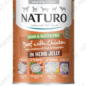 NATURO DOG BEEF & CHICKEN WITH FRUIT & VEG ADULT IN HERB GRAVY WET TIN 390G GRAIN & GLUTEN FREE
