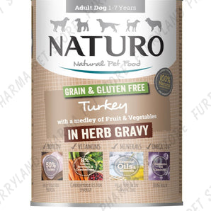 NATURO DOG TURKEY WITH FRUIT & VEG ADULT IN HERB GRAVY WET TIN 390G GRAIN & GLUTEN FREE
