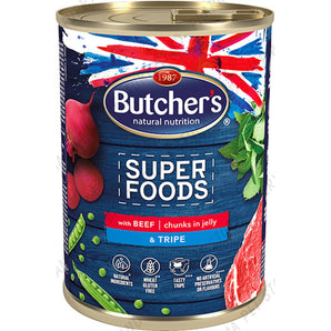 BUTCHER'S DOG SUPER FOODS WITH BEEF & TRIPE CHUNKS IN JELLY WET TIN 400G