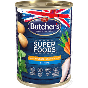 BUTCHER'S DOG SUPER FOODS WITH CHICKEN & TRIPE CHUNKS IN JELLY WET TIN 400G