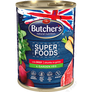 BUTCHER'S DOG SUPER FOODS WITH BEEF & GARDEN VEG CHUNKS IN GRAVY WET TIN 400G