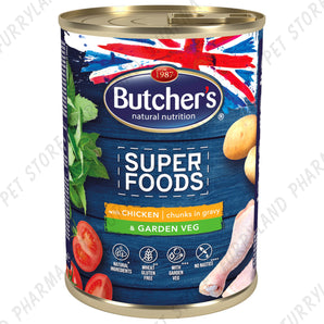 BUTCHER'S DOG SUPER FOODS WITH CHICKEN & GARDEN VEG CHUNKS IN GRAVY WET TIN 400G