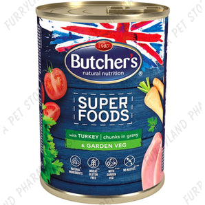 BUTCHER'S DOG SUPER FOODS WITH TURKEY & GARDEN VEG CHUNKS IN JELLY WET TIN 400G