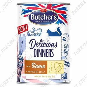 BUTCHER'S CAT DELICIOUS DINNERS WITH GAME CHUNKS IN JELLY WET TIN 400G