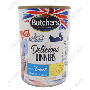 BUTCHER'S CAT DELICIOUS DINNERS WITH TROUT CHUNKS IN JELLY WET TIN 400G