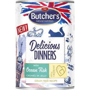 BUTCHER'S CAT DELICIOUS DINNERS WITH OCEAN FISH CHUNKS IN JELLY WET TIN 400G