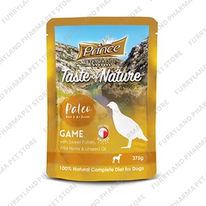 PRINCE TASTE OF NATURE PALEO DOG POUCH GAME WITH SWEET POTATO, WILD HERBS & LINSEED OIL 375G