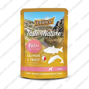 PRINCE TASTE OF NATURE PALEO DOG POUCH SALMON & TROUT WITH BLACKBERRIES, WILD HERBS & LINSEED OIL 375G