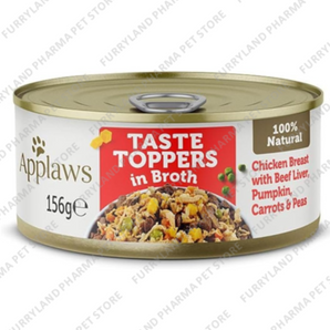 APPLAWS TASTE TOPPERS IN BROTH - CHICKEN BREAST WITH BEEF LIVER, PUMPKIN, CARROTS & PEAS 156G