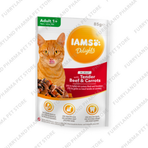 IAMS DELIGHTS TENDER BEEF & CARROTS IN JELLY WET POUCH 85G