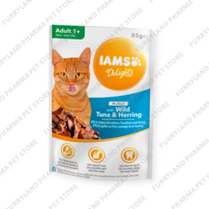 IAMS DELIGHTS WILD TUNA & HERRING IN JELLY WET POUCH 85G